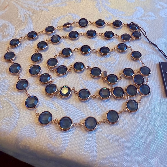 Signed Swarovski Blue Bezel Crystal Necklace , Vintage  New with Tags - Picture 1 of 7